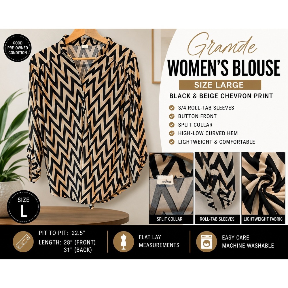 Grande Women Blouse Large Black Beige Chevron Print 3/4 Roll Tab Sleeve High Low